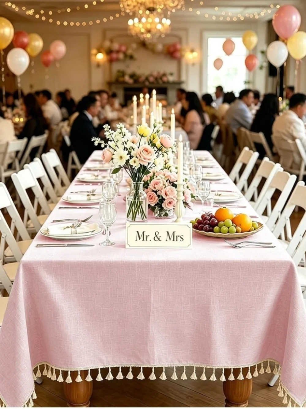 Pink Tassel Dining Tablecloth With Tassels Size 55x120 Rectangular